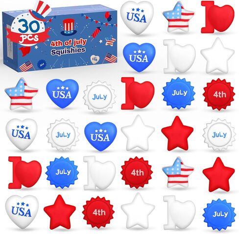 NPET الرابع من يوليو البط المطاطي Squishies Mochi 28pcs، أحمر أبيض أزرق حمام اللعب يوم الاستقلال البط المطاطي الوطني، الرابع من يوليو الزينة الولايات المتحدة الأمريكية العلم / القلب / النجوم شكل حزب صالح للبنين الفتيات in Kuwait