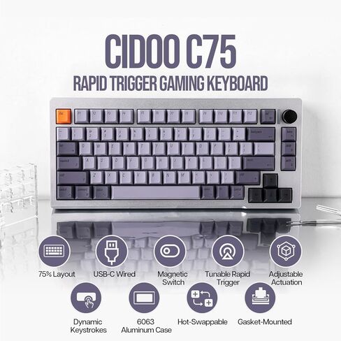 CIDOO C75 لوحة مفاتيح ميكانيكية سريعة التشغيل بنسبة 75%، لوحة مفاتيح من الألومنيوم مع بطانة من 4 طبقات، لوحة مفاتيح سلكية للألعاب مع ضغطات مفاتيح ديناميكية، مفتاح مغناطيسي Gateron، RGB لنظام Win/Mac (أسود) in Kuwait