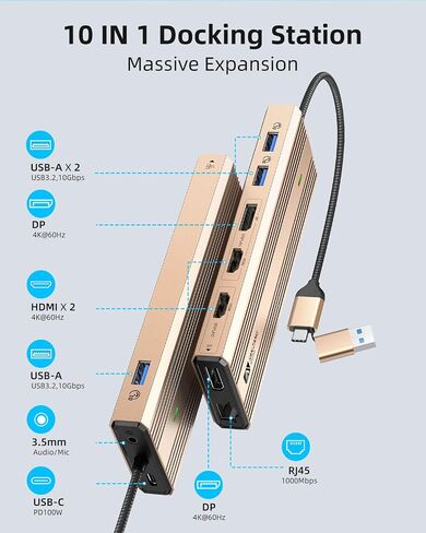 Displaylink Dock,Displaylink Docking Station Dual Monitor,10Gbps USB C Docking Station for MacBook M1/M2/M3/Windows,Laptop Docking Station with 2 HDMI 4K,2 PD 4K, Ethernet,USB 3.2,Mic/Audio,100W PD in Saudi Arabia