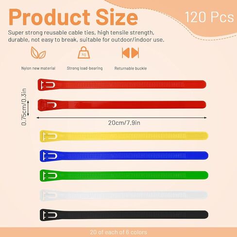 Reusable Zip Ties 8 Inch, 120pcs Colored Zip Tie Heavy Duty Outdoor Small Cable Ties, Releasable Tie Wraps, Wire Ties Removable for Cord Management (8 Inch) in Saudi Arabia