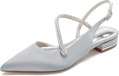 Women's Pointed Toe Beaded Satin Wedding Flats for Bride Comfortable White Bridal Shoes with Ankle Strap Prom Party Shoes Pumps in Saudi Arabia