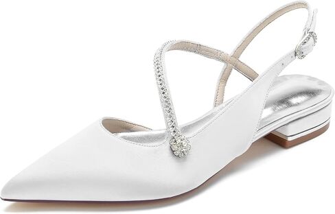Women's Pointed Toe Beaded Satin Wedding Flats for Bride Comfortable White Bridal Shoes with Ankle Strap Prom Party Shoes Pumps in Saudi Arabia