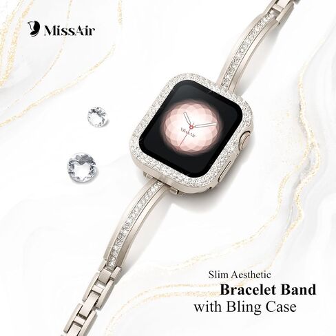 أساور Missair متوافقة مع سوار ساعة Apple مقاس 40 مم 41 مم 44 مم 45 مم مع حافظة حماية للشاشة، حزام سوار مجوهرات معدني نحيف مع غطاء ماسي لامع لسلسلة iWatch 9 8 7 6 5 4 للنساء in Kuwait