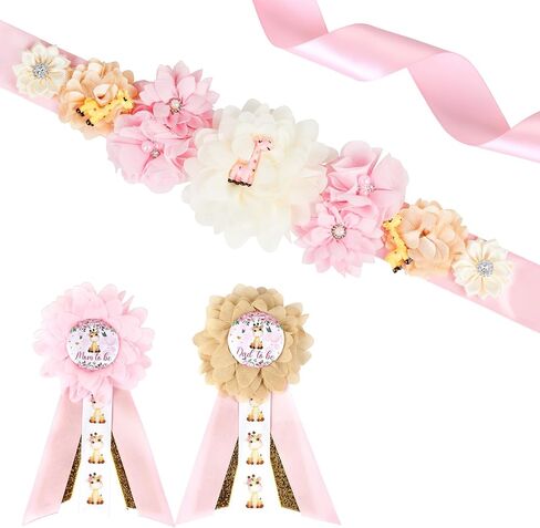 JOYMEMO Pink Giraffe Theme Baby Shower Maternity Sash Kit, Giraffe Baby Shower Belly Belt and Mom to Be & Dad to Be Corsage Pins, Pregnancy New Parents Photo Props Party Supplies in Saudi Arabia