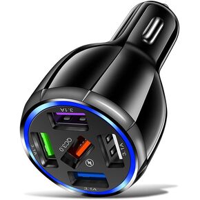 Car Charger Adapter, 5 Port QC3.0 Fast Charging Car Cigarette Lighter USB Charger, Compatible with iPhone, Android, Samsung, iPad Pro, and More (Black)