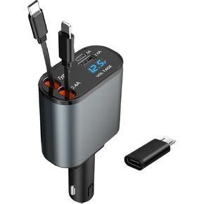 Retractable 3 in 1 Car Charger, Three in one Fast Car Phone Charger, Compatible USB C(Type-C)/Micro USB/Phone, Compatible with IP/Android/Tablets