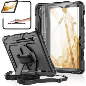 Samsung Galaxy Tab S9 FE/S9 Tablet Case 10.9/11-inch with Tempered Glass Screen Protector, BASE MALL Rugged Protective Cover with Rotating Kickstand,Hand & Shoulder Strap,S Pen Holder for S9 (Orange)