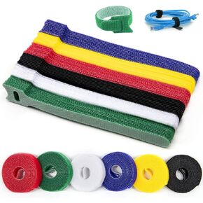60Pcs Fastening Cable Ties and 6 Rolls Reusable Cable Organizer for Managing Wires Cord and Many Household Items Cord Organizer (Black White Red Yellow Blue Green)