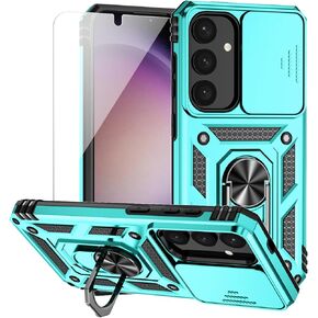 for Samsung Galaxy S24 Case with Camera Lens Cover HD Screen Protector, Dual Layer Military-Grade Drop Tested Magnetic Ring Holder Kickstand Protective Phone Case for Samsung Galaxy S24 (Black)