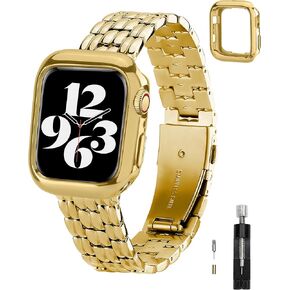 Compatible with Apple Watch Band 45mm 44mm 42mm 41mm 40mm 38mm for Women,Stainless Steel Metal iWatch Band with Case for Apple Watch Series 9/8/7/6/5/4/3/2/1/SE/SE2,Classy Shiny Finished