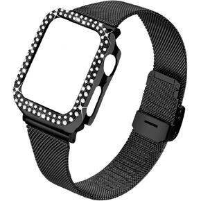 JOYOZY Stainless Steel bands Compatible For Apple Watch 40mm,Women Bling Protective Crystal Diamond Case with Loop Mesh Strap For Apple watch Series 6/SE/5/4 (No Tool Needed) (Rose Gold, 40MM)