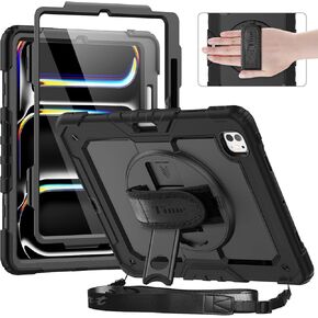 Timecity Case for iPad Pro 13 Inch M4 2024 7th Generation(Model: A2925, A2926, A3007) with Built-in Screen Protector, 360° Rotating Stand, Adjustable Shoulder Strap, Cutouts, Pencil Holder, Black