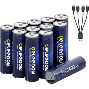 Deleepow Rechargeable AA Batteries 4 Count 1.5V 3400mWh USB Rechargeable Lithium Batteries and 4 Count 1200mWh AAA Lithium Rechargeable Batteries 1500Cycle