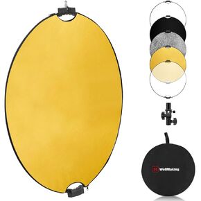 Wellmaking 43Inch/110cm Photography Light Reflector, Portable Foldable 5 in 1 Diffuser Reflectors with Bag & tilt Adapter for Studio & Outdoor Lighting-Translucent, Silver, Gold, White and Black