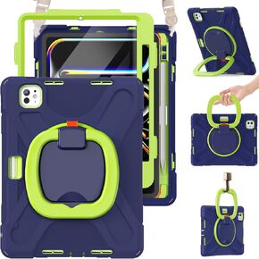 BRAECN Case for iPad Pro 11-Inch M4 2024 (A2836 / A2837 / A3006), Shockproof Silicone w/Built-in Screen Protector, Shoulder Strap, Handle Grip, Pencil Holder & Kickstand for Pro 11 2024, Navy Green