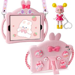 VOFUOE for iPad 6th 5th Generation Case for iPad 9.7 Case 2018 2017 with Dolls Shoulder Straps, Cute Rabbit Soft Silicone Tablet Protective Cover Kids Girls for iPad Pro 2016/iPad Air 2th 9.7''-Pink