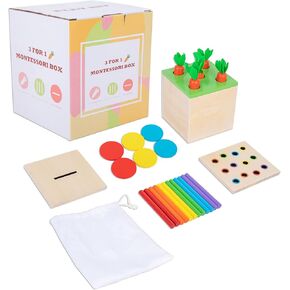 Montessori Toys for 1+ Year Old Baby Gifts,Play Kit Box includes Carrot Harvest Games,Infant Coin Box,Fine Motor Skills Toys and Object Permanence Box,Montessori Toys for Babies 6-12 Month(4-in-1)