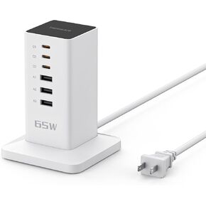 65W Charging Station for Multiple Devices, TESSAN 6 Port USB Fast Phone Charger Tower with 3 USB A 3 USB C Ports, Desktop Charging Hub for iphone14/15, MacBook, Earphone, Home Office Accessories