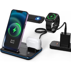 Minthouz Phone Wireless Charger, 18W Fast Charging Station for iWatch (Watch Charger is NOT included), AirPods, Wireless Charger Stand Compatible with iPhone 15/14/13/12/11 Series (with QC3.0 Adapter)