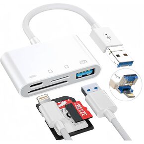 4-in-2 SD Card Reader for iPhone/iPad/Camera/Computer, Lightning + USB A Connector to SD/TF Card Reader Adapter with Charging Port, USB OTG Adapter & Memory Card Reader for SD/Micro SD Cards