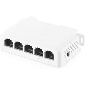 Gigabit PoE Passthrough Switch, 1 PoE in 4 PoE Out Extender, IEEE802.3af/at/bt PoE Powered 90W, 10/100/1000Mbps Ethernet, Din rail & Wall Mount Plug and Play