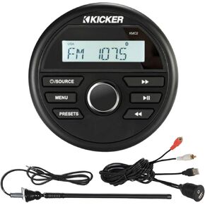 Kicker KMC2 Marine Gauge Style AM/FM Radio Stereo Receiver Media Player Bundle Combo With Enrock USB/AUX To RCA Interface Mount Cable, 45" Radio Antenna Mast