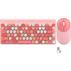 Fashion Wireless Keyboard and Mouse Combo, USB Cordless Cute Round Key Smart Power-Saving Ultra Slim Combo for Laptop, PC, Computer and Desktop
