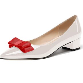 MODENCOCO Women's Bow Slip On Patent Pointed Toe Chunky Low Heel Pumps Cute Office Work Dress Shoes 1.5 Inch