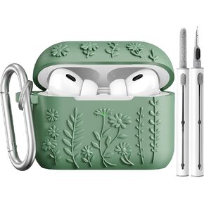 AIRSPO Airpod Pro 2nd Generation Case, 3D Floral Embossed Soft Silicone Protective Cover with Cleaner Kit for Apple Airpods Pro 2nd 1st Gen Case with Keychain (2023/2022), Black
