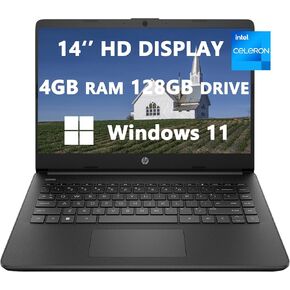 HP 2024 14 HD LED Display Laptop, Intel Celeron N4120(4-core), 16GB RAM, 256GB(128GB SSD+128GB Card), SD Card Slot, USB-C, Black, Light-Weight, Windows 11, School and Business Ready, RK Date Cable