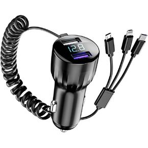 66W Super Fast Car Charger, Mini USB TypeC PD QC4.0 Dual Port Automotive Phone Charger Adapter with 3 Coiled Cable, Compatible with 13 14 15 Pro Max Plus S24 S23 S22, Universal Fit