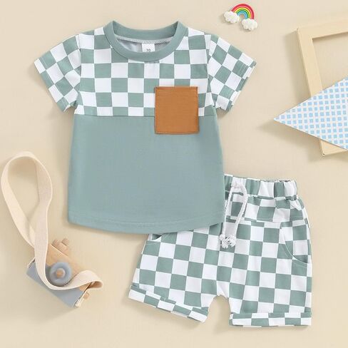 Baby Boy Summer Clothes Short Sleeve Plaid Shirt Infant Toddler Boys Outfits Patchwork Checkerboard Shorts Sets in Saudi Arabia