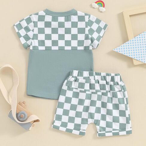 Baby Boy Summer Clothes Short Sleeve Plaid Shirt Infant Toddler Boys Outfits Patchwork Checkerboard Shorts Sets in Saudi Arabia