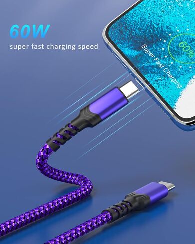 USB C to USB C Cable, [10ft+10ft] Type C to Type C Cable 60W/3A PD Fast Charging Cord Compatible with iPhone 15 Pro Max Pad Air5/4/Mini6, Galaxy S23 Ultra S22,Note 20/10, Pixel -Purple,2Pack in Saudi Arabia