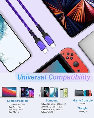 USB C to USB C Cable, [10ft+10ft] Type C to Type C Cable 60W/3A PD Fast Charging Cord Compatible with iPhone 15 Pro Max Pad Air5/4/Mini6, Galaxy S23 Ultra S22,Note 20/10, Pixel -Purple,2Pack in Saudi Arabia