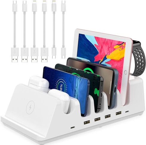 AGVEE 140W 8in1 متعدد USB محطة شحن منظم العائلة مع كابلات متعددة، 3 قاعدة شحن لاسلكية لأجهزة Apple iPad iPhone والهاتف الخلوي Samsung Android Tablet أجهزة متعددة، أبيض in Saudi Arabia