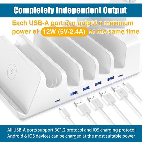 AGVEE 140W 8in1 متعدد USB محطة شحن منظم العائلة مع كابلات متعددة، 3 قاعدة شحن لاسلكية لأجهزة Apple iPad iPhone والهاتف الخلوي Samsung Android Tablet أجهزة متعددة، أبيض in Saudi Arabia