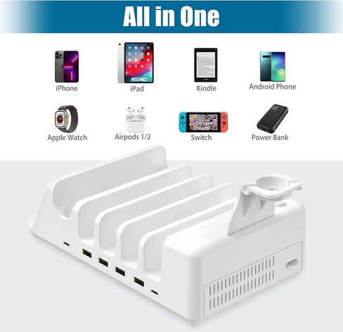 AGVEE 140W 8in1 متعدد USB محطة شحن منظم العائلة مع كابلات متعددة، 3 قاعدة شحن لاسلكية لأجهزة Apple iPad iPhone والهاتف الخلوي Samsung Android Tablet أجهزة متعددة، أبيض in Saudi Arabia