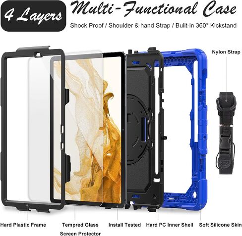 Case for Samsung Galaxy Tab S8/S7 11-inch 5G Tablet Case 2022/2020, [with Tempered Glass Screen Protector],360° Rotating Kickstand/Hand & Shoulder Strap/S Pen Holder (Black) in Saudi Arabia