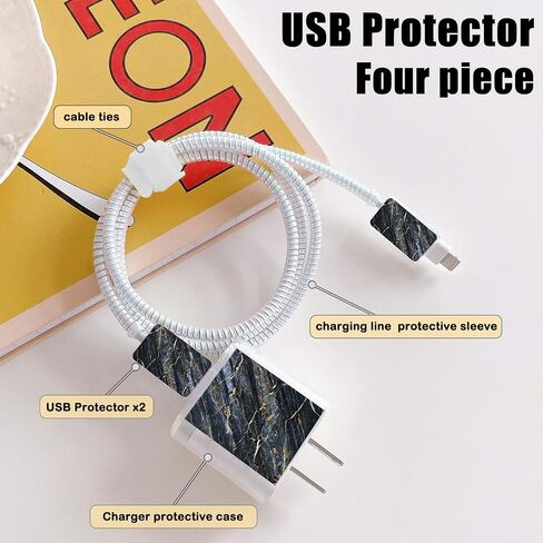 Cute Marble DIY Cable Protectors Set for iPhone 14 13 12 11 Pro X Charger with Gold Glitter Marble Design, Data Line Wire Cord Saver Lightning Cable Charger Protector Cover for iPhone-Green in Saudi Arabia