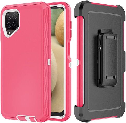 Case with Belt-Clip Holster for Galaxy A12 Drop Protection Full Body Rugged Shock Proof 3-Layer Military Protective Tough Durable Phone Cover Heavy Duty for Samsung A12 (Hot Pink/White) in Saudi Arabia