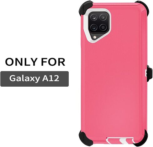 Case with Belt-Clip Holster for Galaxy A12 Drop Protection Full Body Rugged Shock Proof 3-Layer Military Protective Tough Durable Phone Cover Heavy Duty for Samsung A12 (Hot Pink/White) in Saudi Arabia