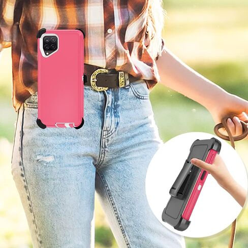 Case with Belt-Clip Holster for Galaxy A12 Drop Protection Full Body Rugged Shock Proof 3-Layer Military Protective Tough Durable Phone Cover Heavy Duty for Samsung A12 (Hot Pink/White) in Saudi Arabia
