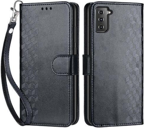 مصمم لهاتف Samsung Galaxy S21 5G، غطاء قابل للطي للسيدات مع حامل من جلد البولي يوريثان المنقوش وفتحات لبطاقات الائتمان وحزام المعصم لهاتف Samsung S21 5G (زهرة زرقاء) in Kuwait