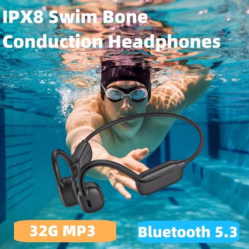 Bluetooth Swim Bone Conduction Headphones: Build-in 32GB for MP3 Mode, IPX8 Waterproof Open Ear Wireless Headphones, Hi-Fi Stereo Audio 8H Sport Earphones (Black) in Kuwait