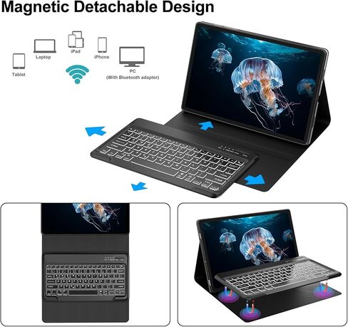 حافظة لوحة مفاتيح Samsung Galaxy Tab S9 Plus 2023 12.4 بوصة، حافظة ذكية قابلة للطي مع حامل قلم S / 7 ألوان بإضاءة خلفية/لوحة مفاتيح لاسلكية قابلة للفصل لجهاز Galaxy Tab S7 FE 2021/S8 Plus 2022/S7 Plus 2020 12.4 بوصة in Kuwait