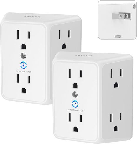 VINTAR 2 Prong to 3 Prong Outlet Adapter, 3-Sided 6 Outlet Widely Spaced Extender, Polarized Plug, 2 Prong Power Strip, 900J Wall Charger Surge Protector, Mountable Wall Tap for Non-Grounded Outlets in Saudi Arabia