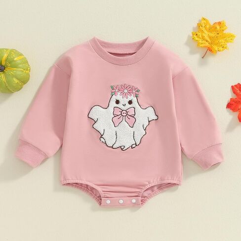 Lesimsam Baby Boy Girl Halloween Outfit Ghost Embroidery Sweatshirt Romper Oversized Sweater Romper One-Piece Outfit in Saudi Arabia