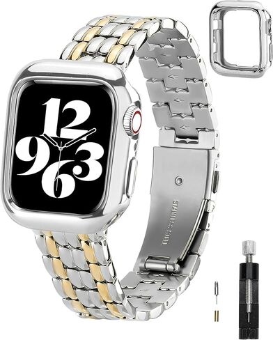 متوافق مع سوار ساعة Apple 45 مم 44 مم 42 مم 41 مم 40 مم 38 مم للنساء، سوار iWatch معدني من الفولاذ المقاوم للصدأ مع حافظة لسلسلة ساعات Apple 9/8/7/6/5/4/3/2/1/SE/SE2، لمسة نهائية لامعة أنيقة in Saudi Arabia