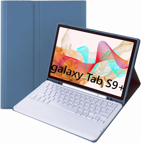 Slim Candy Colors Keyboard Case Compatible with Galaxy Tab S9 Plus / S9 FE Plus 5G 2023 12.4 Inch X810 / X816 / X818 with S Pen Holder Mutil Angles Stand Cover Detachable Wireless Keyboard (Blue) in Saudi Arabia